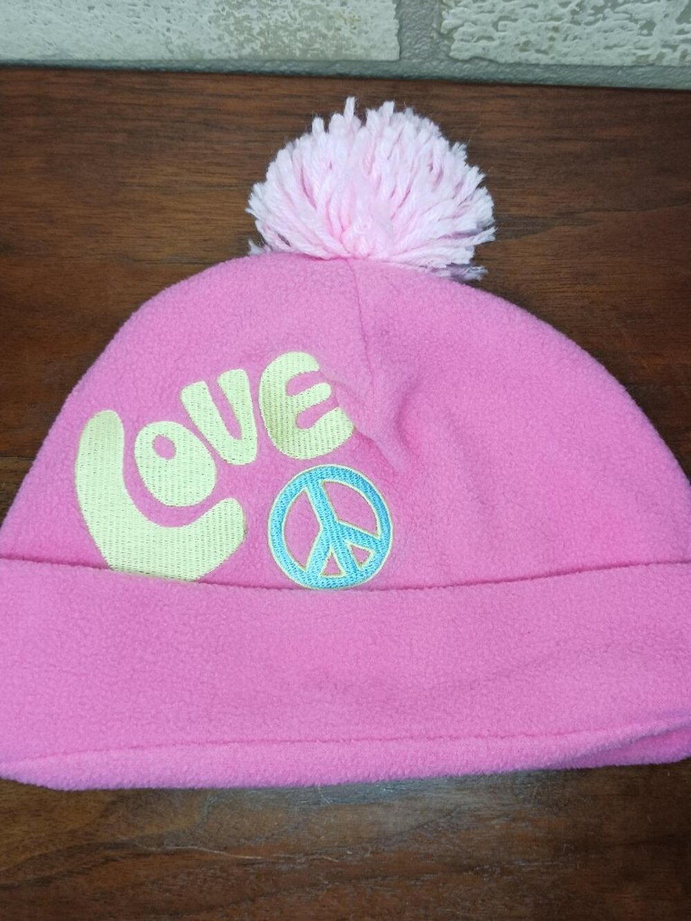 Love and Peace Youth Girls Hat Cap Winter Beanie With Pom Pink Cuffed Fleece